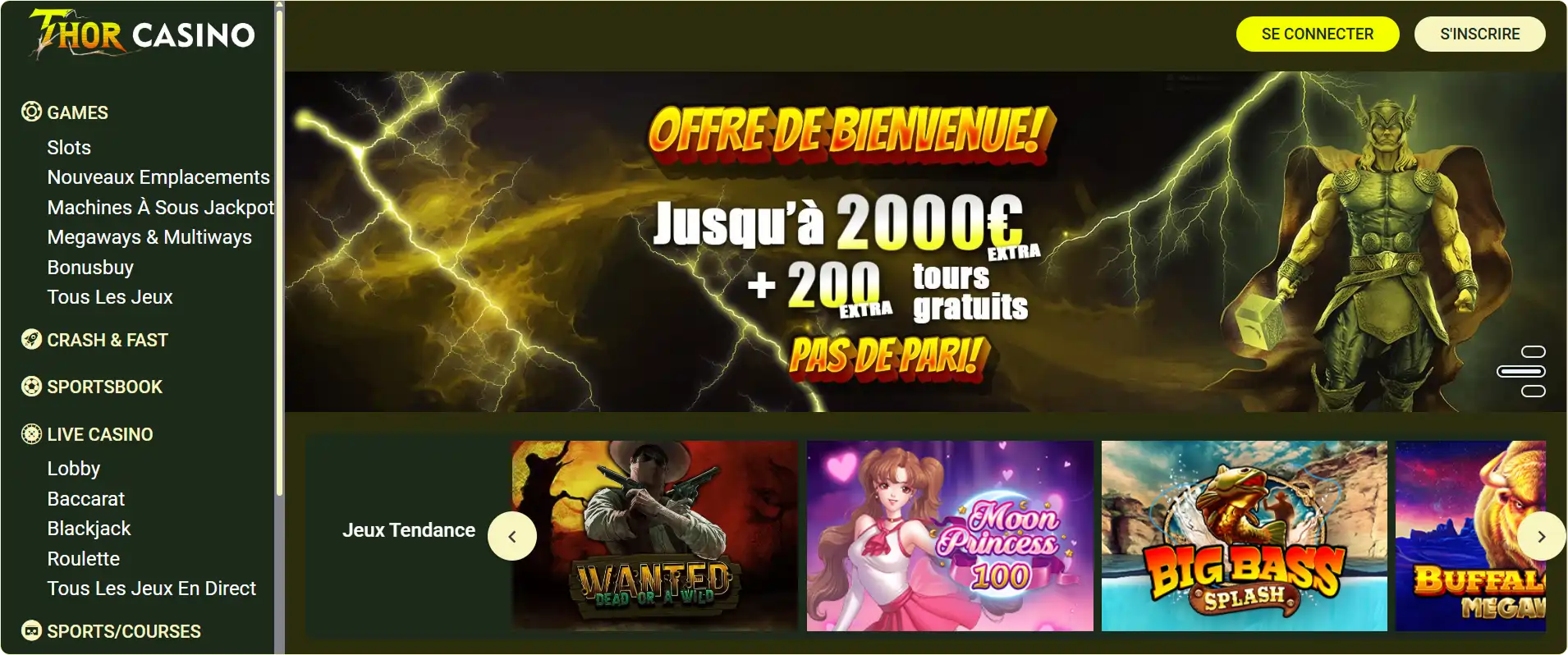 Aperçu de la page d’accueil du casino Thor